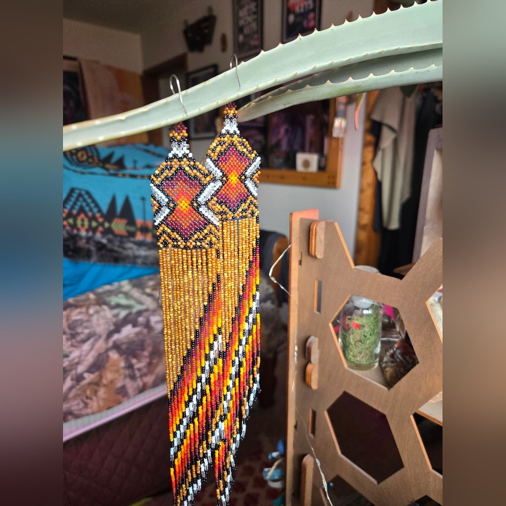 Four Visions Yawanawa Espiritu De Fuego seed beaded earrings